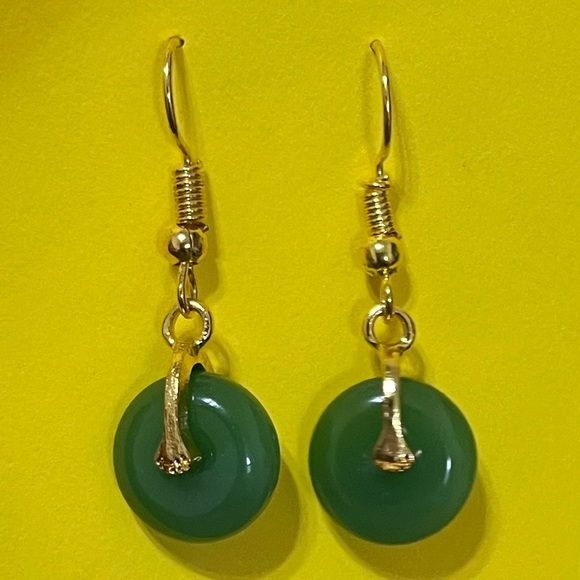 🆕 Natural Green Jade Donut Circle Drop Dangle Earring - Picture 3 of 3